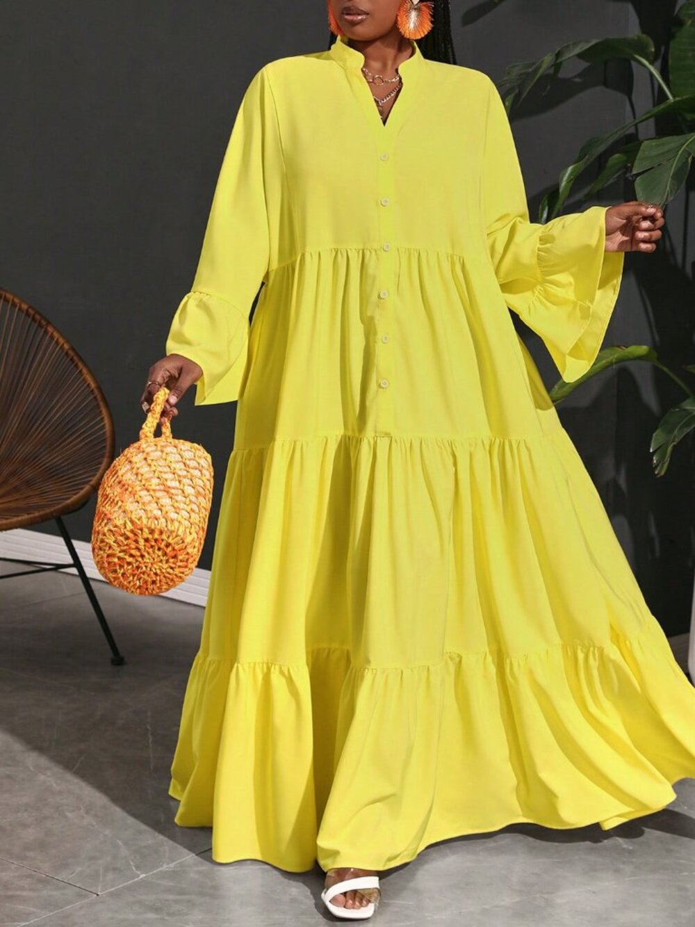 Yellow Cute Women's Loose Ruched Flare Sleeve High Waisted Smock Dress